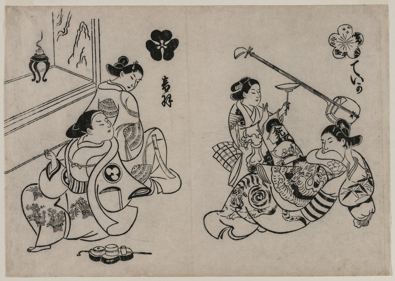 Drie Courtisanes met een Klant door Okumura Masanobu