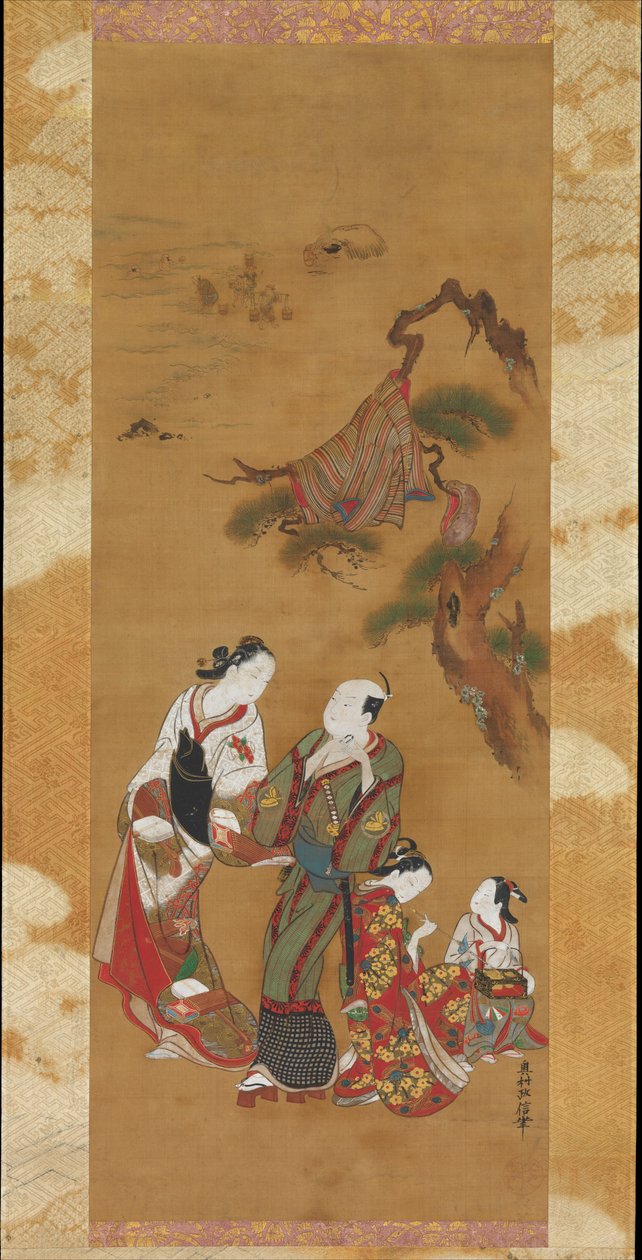 Yukihira und zwei Bräutjungfern in Suma door Okumura Masanobu