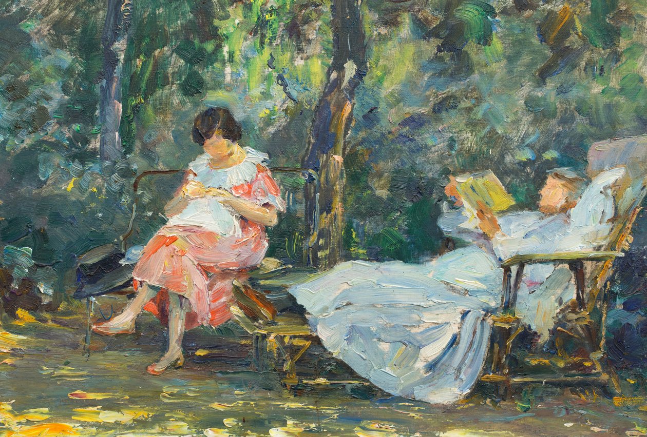 Lezen en breien in de tuin door Olga (1881 1941) Slomszynska