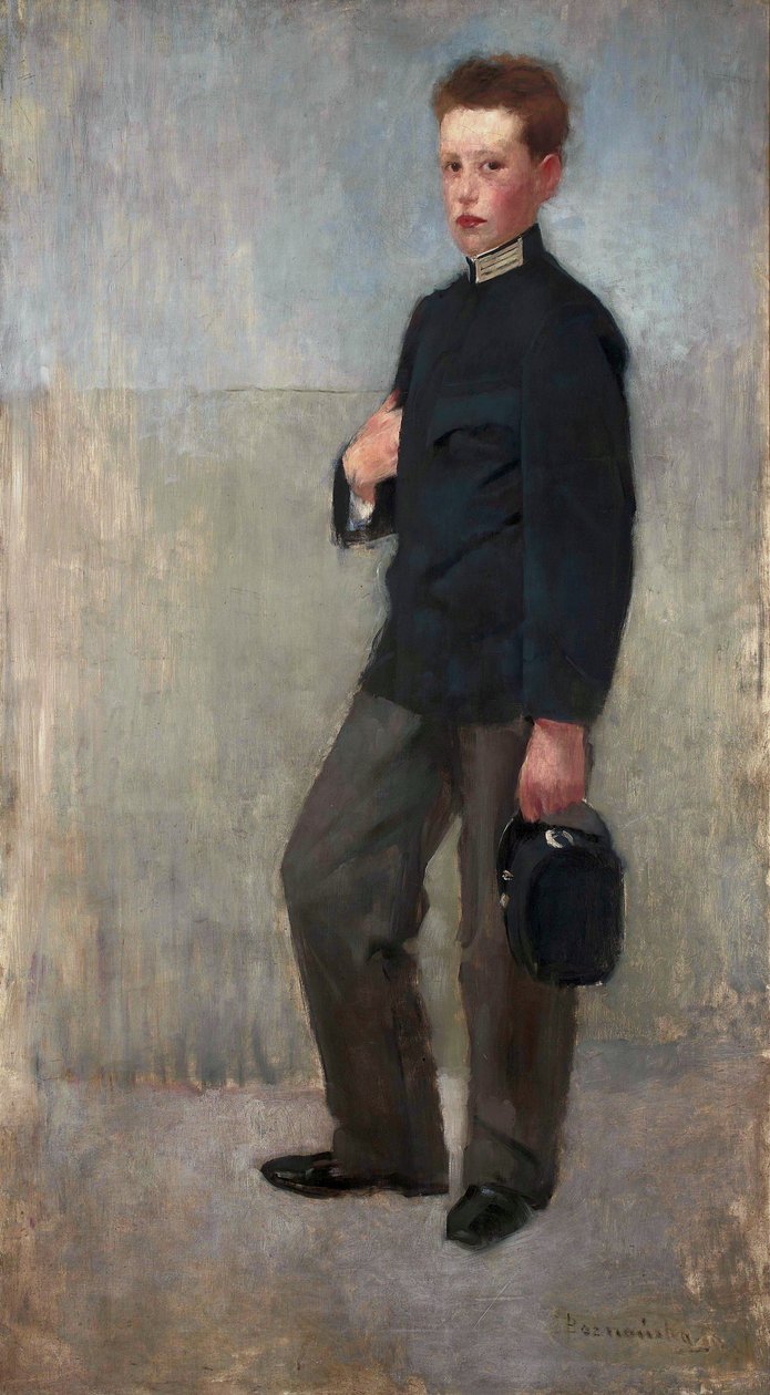 Portret van een jongen in middelbare schooluniform door Olga Boznanska