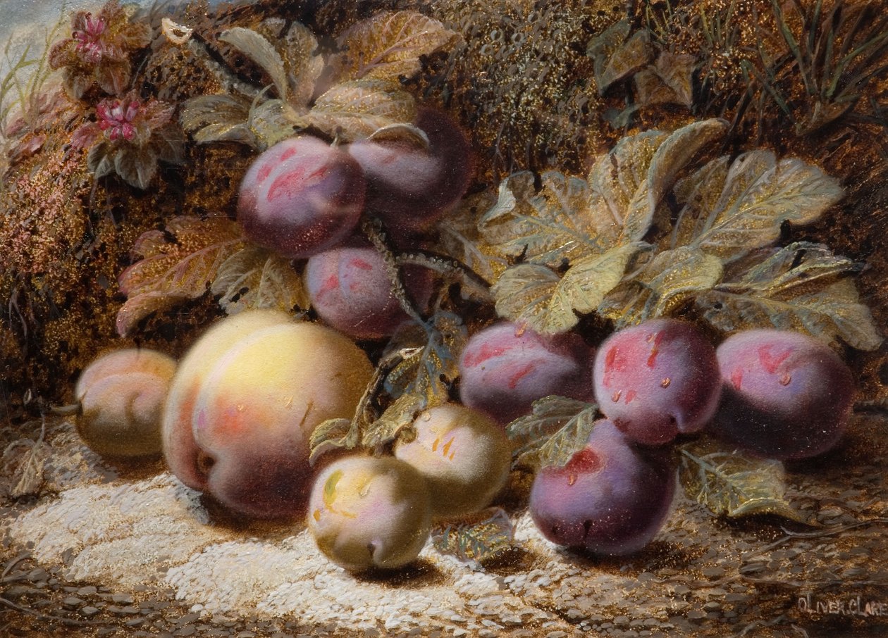 Stilleven met perzik en pruimen, 1916 door Oliver Clare
