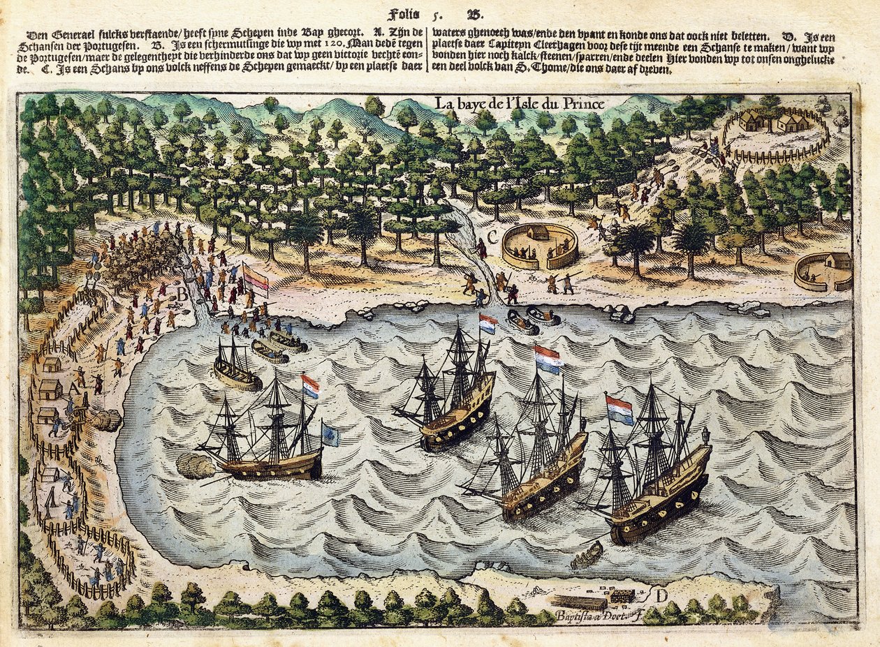 Zicht op Nederlands schip in haven, ca. 1598-1602 door Olivier van Noort