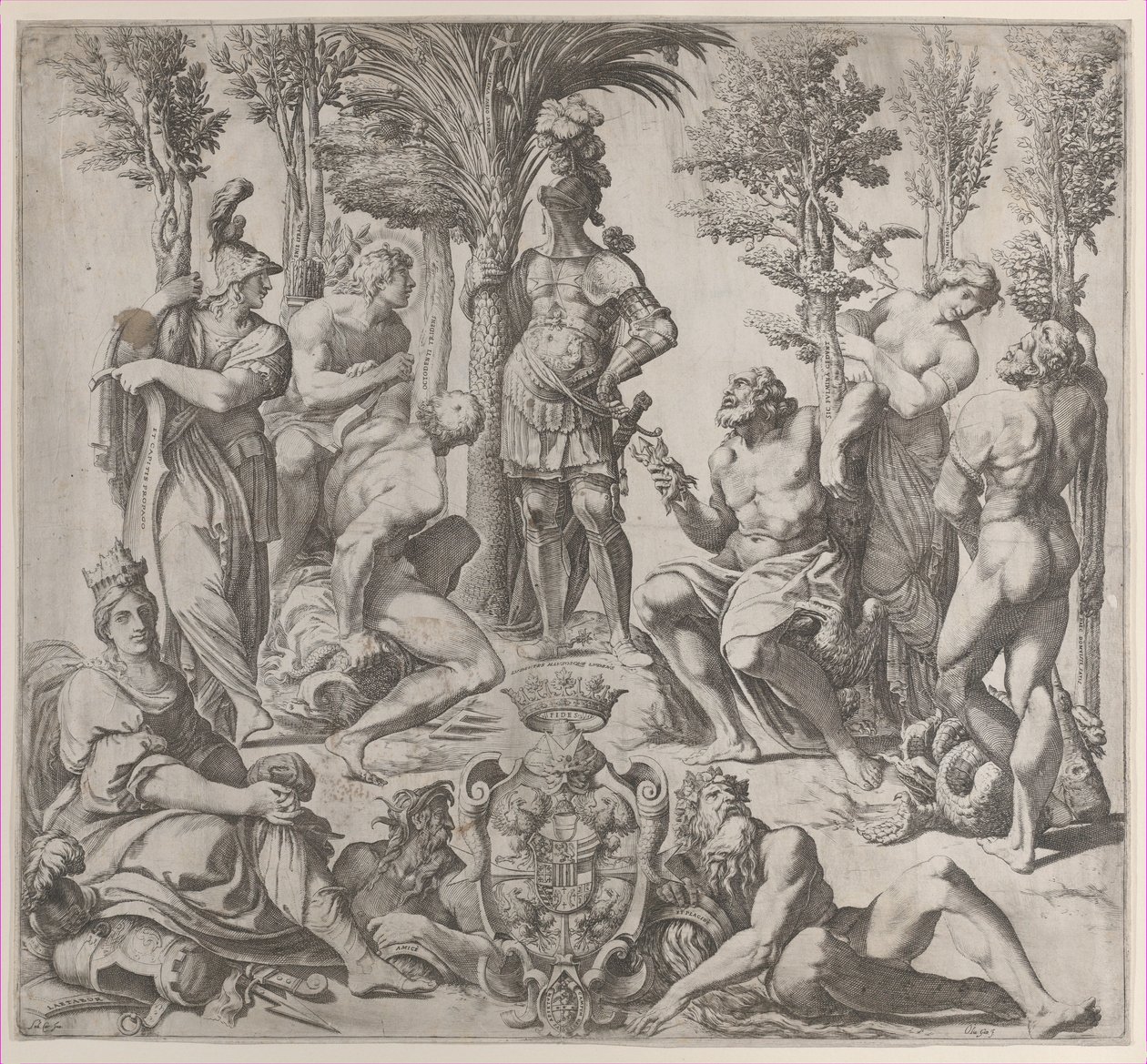 Allegorische compositie met zes Olympische goden rond een figuur in harnas door Oliviero Gatti