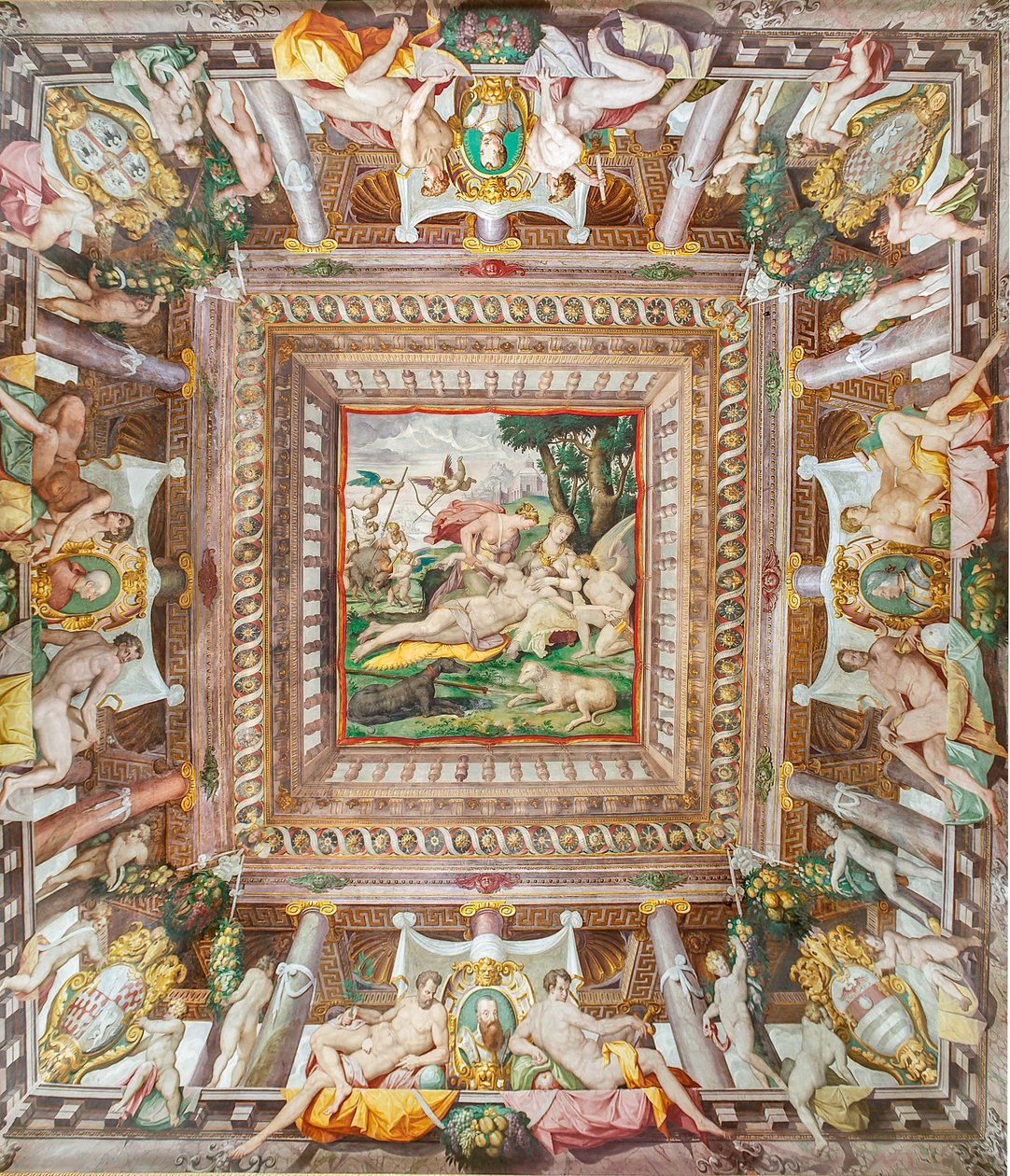 Zicht op het plafond van de Kamer van Adonis en de gedenkstenen van familieleden Rossi, Gonzaga, Riario en Medici, Rocca dei Rossi, San Secondo, Parma, Italië door Orazio (attr.to) Samacchini