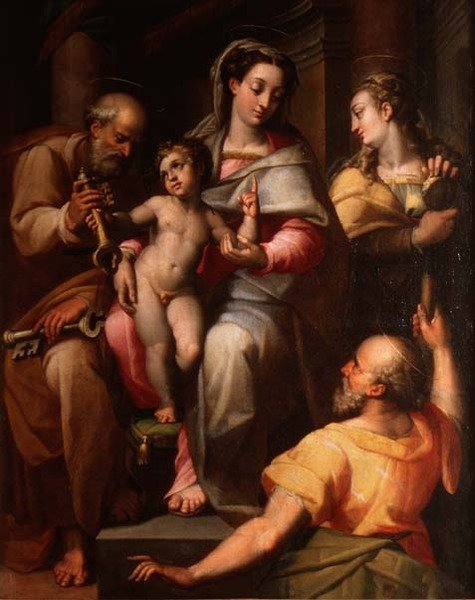 Heilige Familie met St. Peter en St. Maria Magdalena door Orazio Samacchini