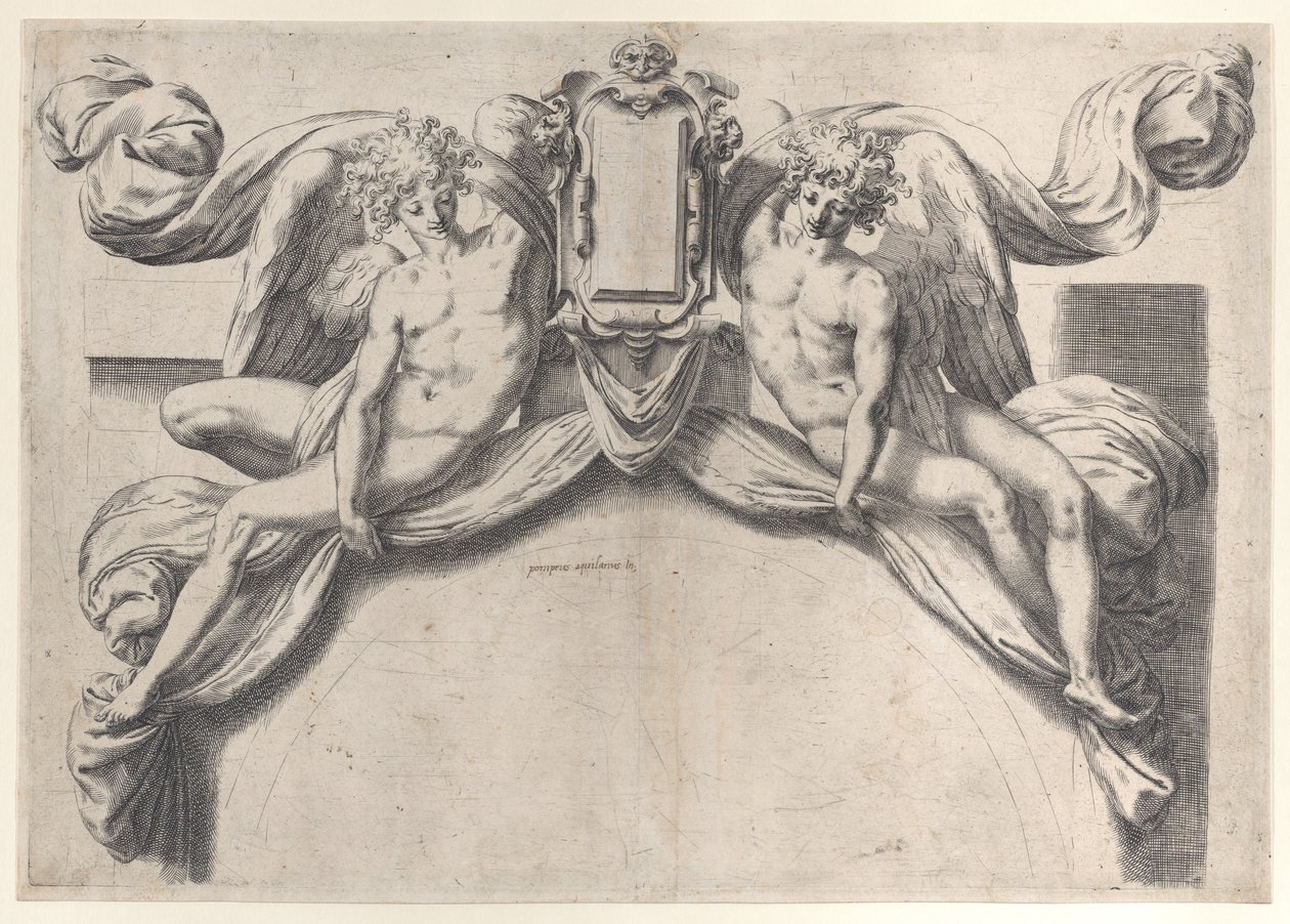 Twee engelen die een cartouche of schild ondersteunen, 1568-77 door Orazio de Sanctis