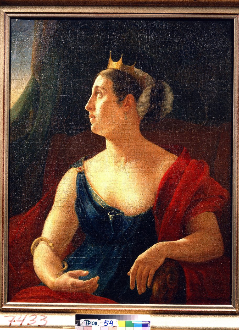 Portret van actrice Ekaterina Semyonova (1786-1849) als Clytemnestra in het toneelstuk Iphigenia in Aulis van Euripides door Orest Adamovich Kiprensky