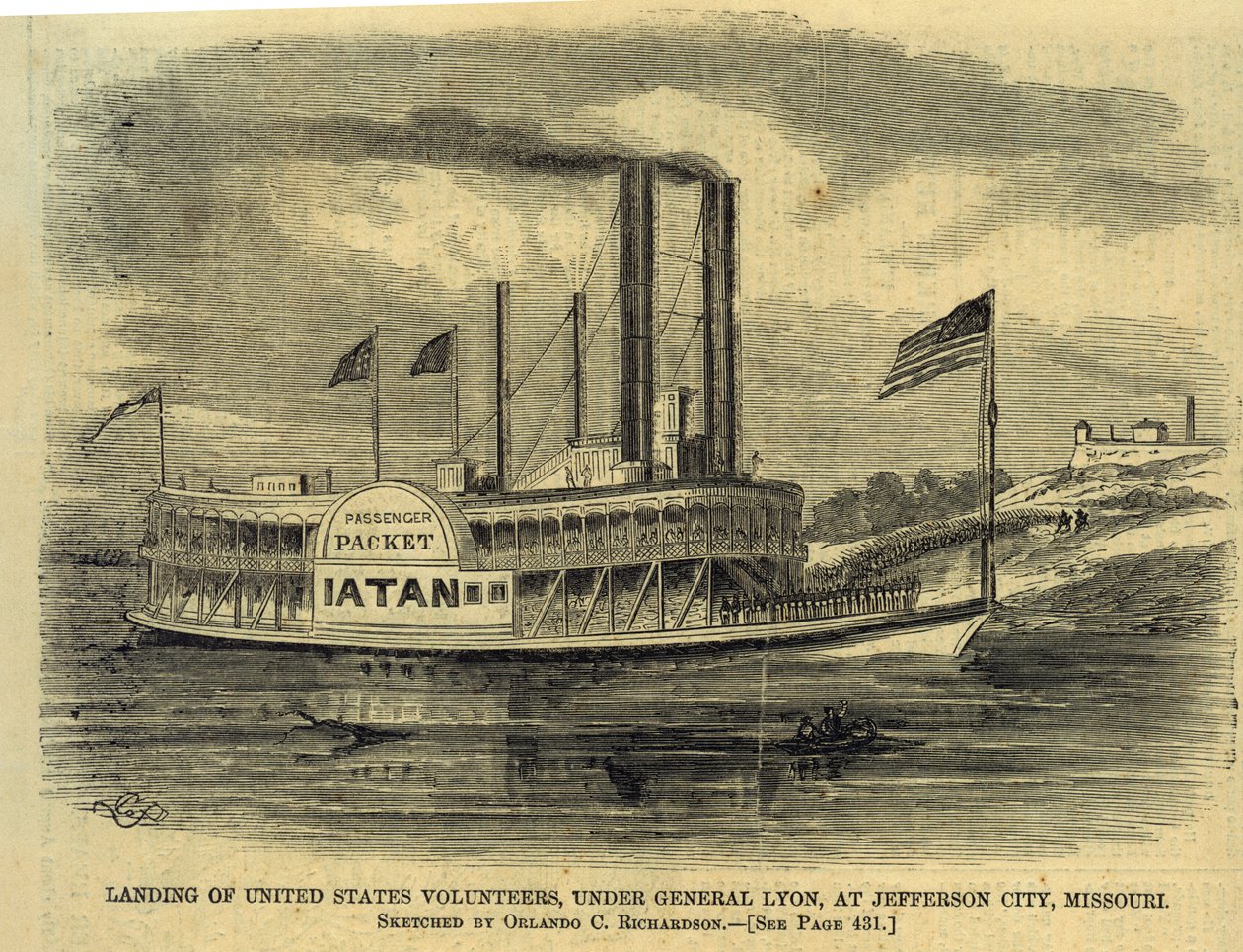 Landing van Amerikaanse vrijwilligers, onder generaal Lyon, in Jefferson City, Missouri door Orlando C. Richardson