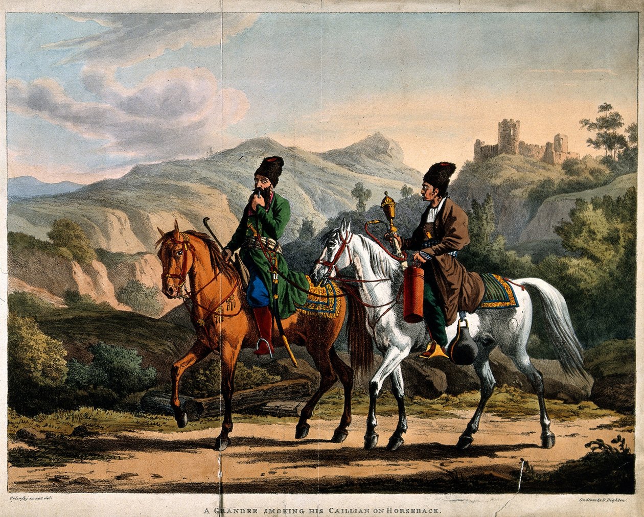 Pers die een waterpijp rookt te paard, ca. 1820 door Orlowski