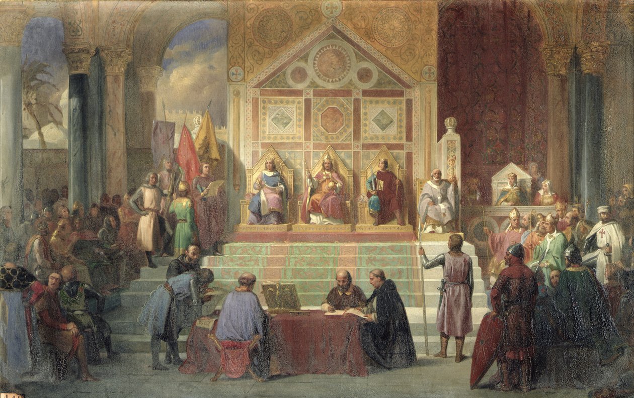 St. Louis (1214-70) Koning van Frankrijk ontvangt Robert Patriarch van Jeruzalem, in Damietta in 1249, 1846 door Oscar Gue