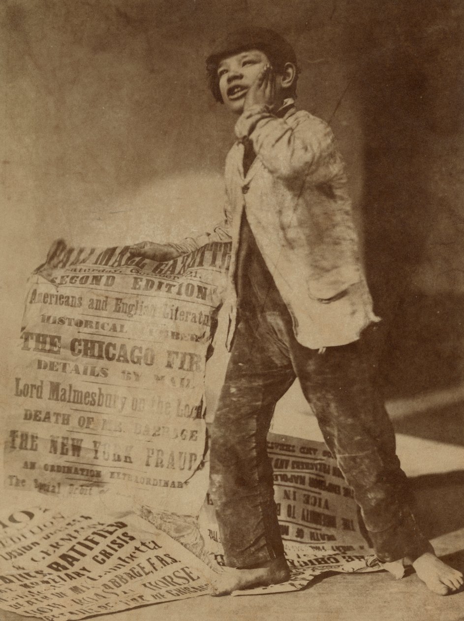 Geënsceneerde afbeelding van een krantenjongen die het nieuws van de brand van Chicago in 1871 roept, 1871 door Oscar Gustav Rejlander