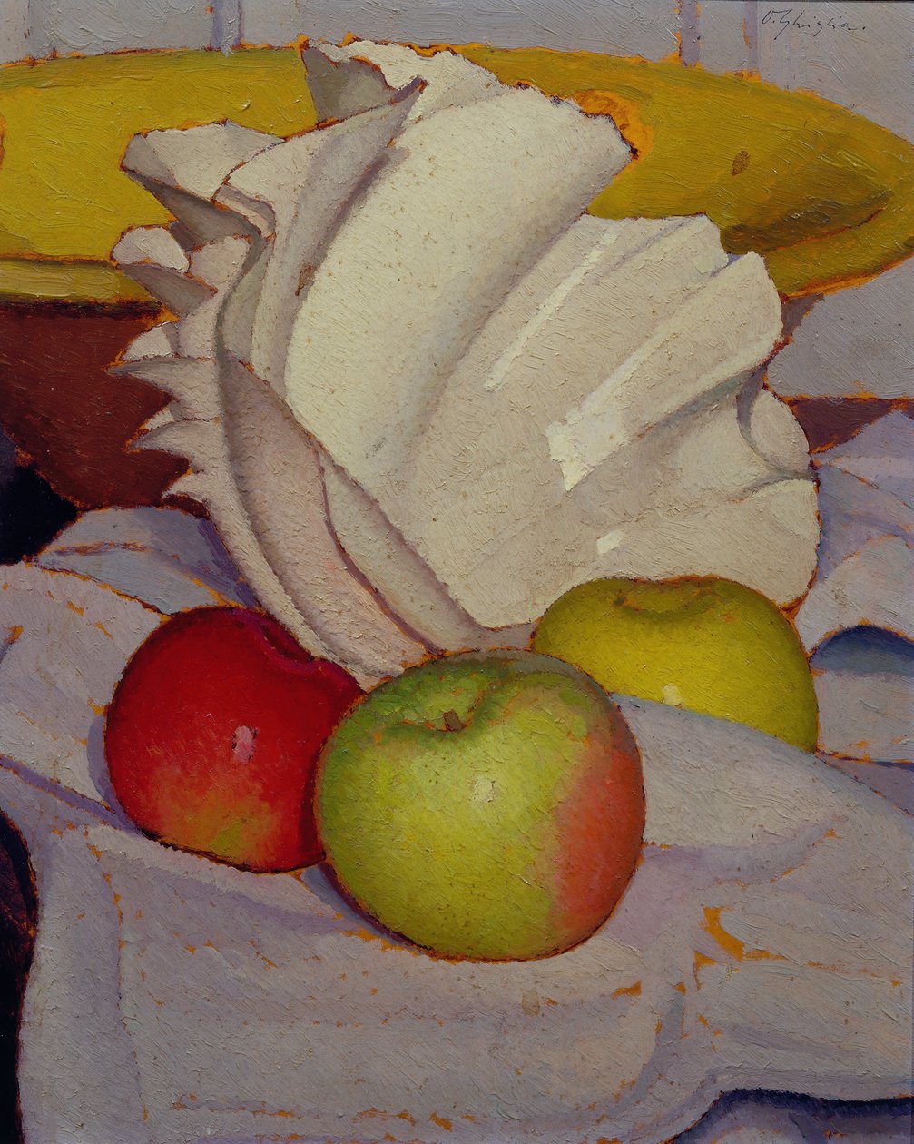 Compositie met schelp en drie appels door Oscar Ghiglia