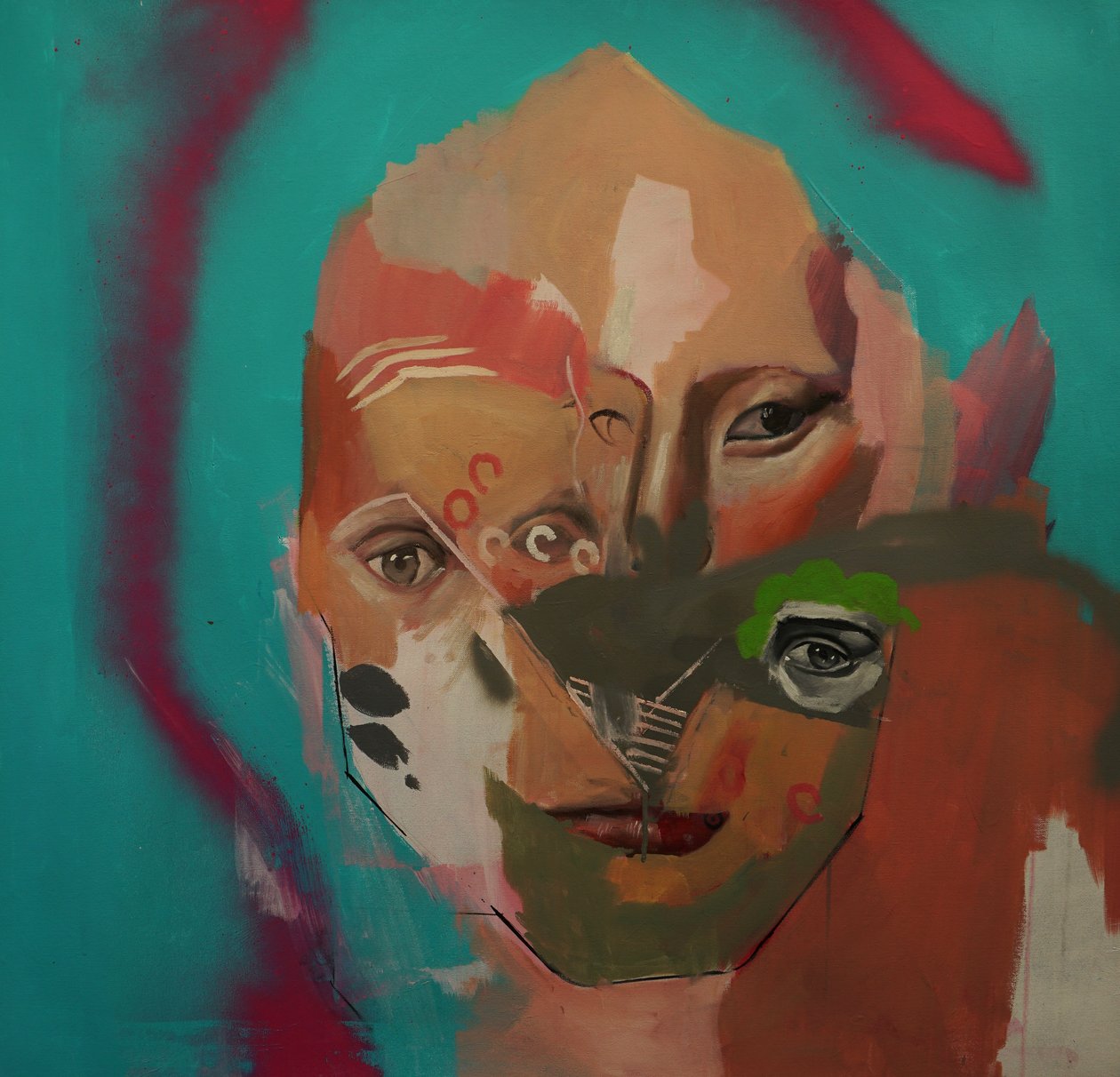 Een onsuccesvolle poging om een portret te schilderen, 2020-23 (acryl, olieverf en spuitverf op doek) door Oscar Nin