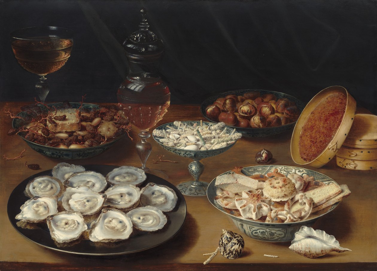 Gerechten met oesters, fruit en wijn door Osias Beert the Elder