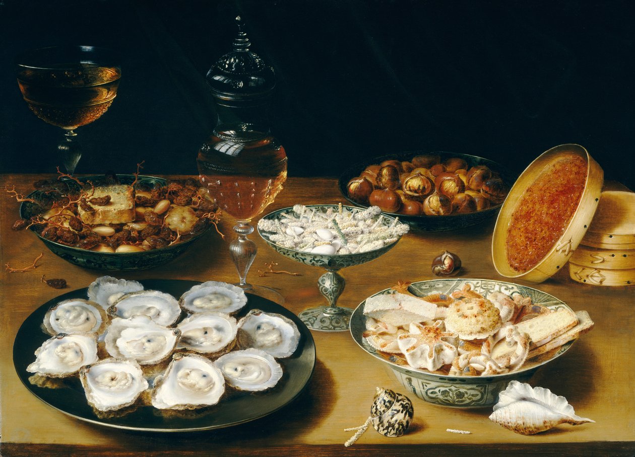 Gerechten met oesters, fruit en wijn, ca. 1620-25 door Osias the Elder Beert