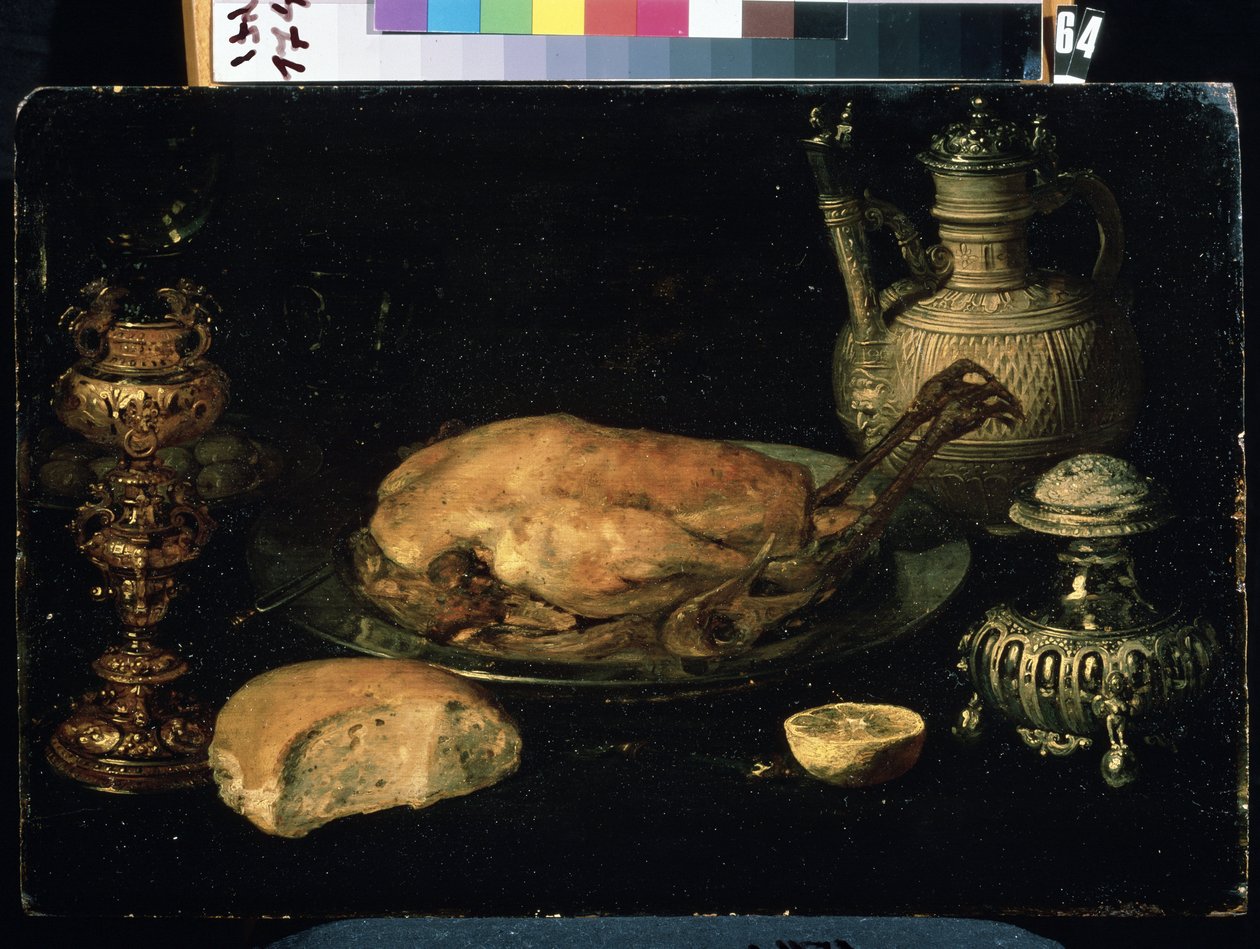 Stilleven met kip, citroen, brood, zilverwerk en olielamp door Osias the Elder Beert