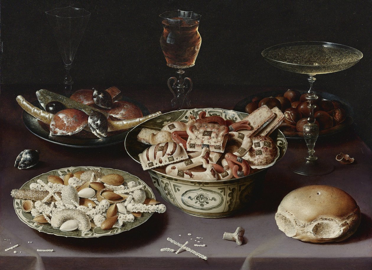 Stilleven met snoepjes, kastanjes en een broodje door Osias the Elder Beert