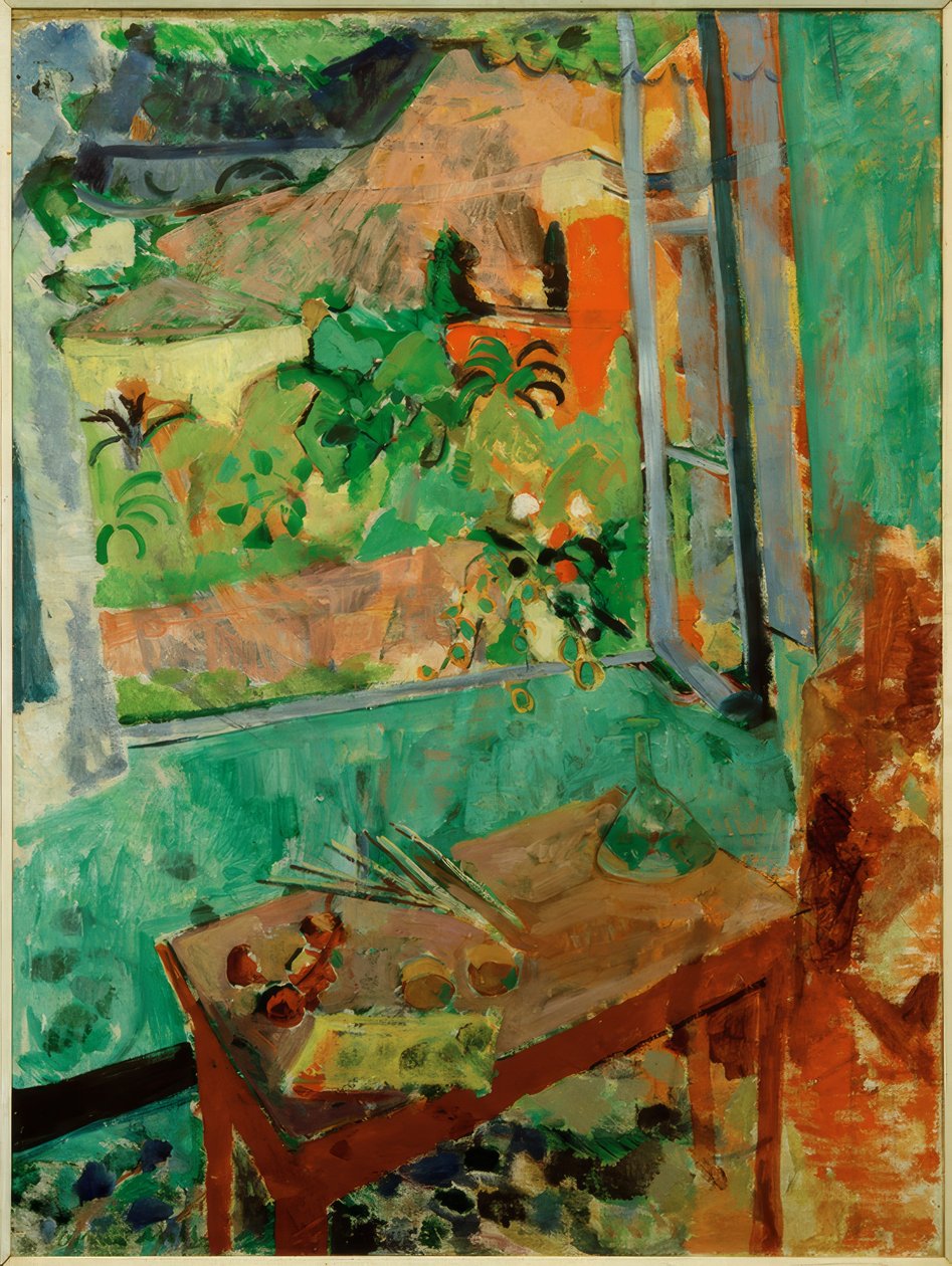 Atelier met uitzicht op huis en brug, Levanto door Oskar Moll