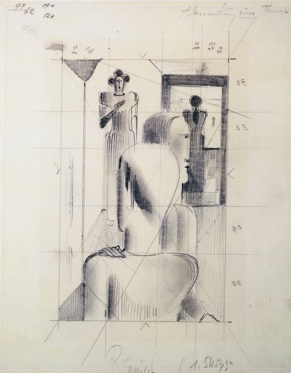 Figuren in een kamer, door Oskar Schlemmer, potlood op papier. Duitsland, 20e eeuw door Oskar Schlemmer