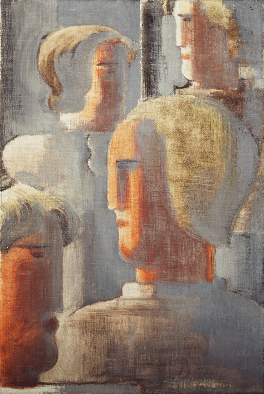 Groep van Vier Hoofden Grijs Blauw, Folkwang-Studie III door Oskar Schlemmer