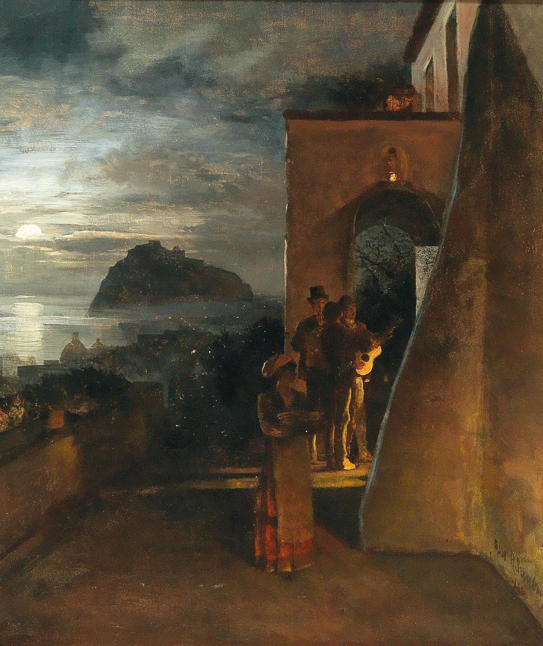 Avond Serenade op Ischia, Castello Aragonese op de achtergrond door Oswald Achenbach