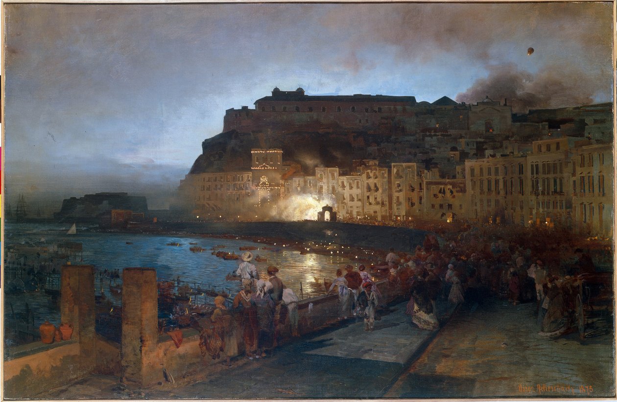 Vuurwerk in Napels (Italië) door Oswald Achenbach