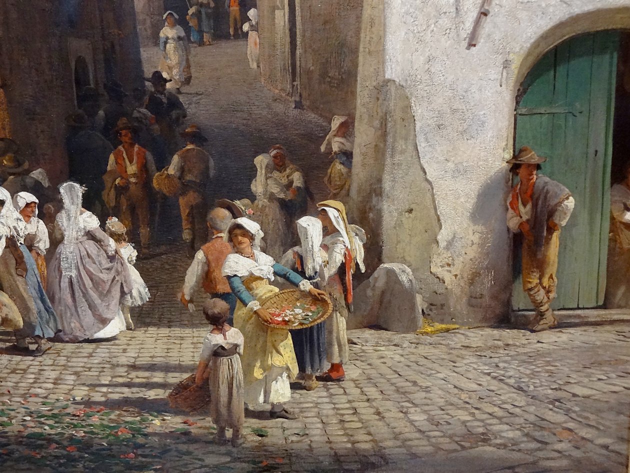 Duits: Feest in Genazzano
Galicisch: Een festival in Genazzano
Frans: Une fête à Genazzano
Tsjechisch: Slavnost v Genazzanu
Deens: een feest in Genazzano door Oswald Achenbach