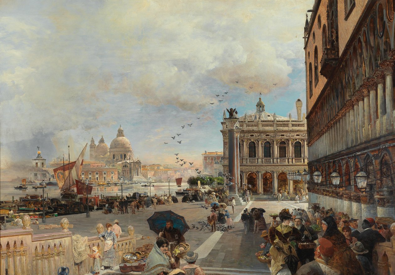 Venetië, uitzicht op de Piazzetta, met de Biblioteca Marciana, Santa Maria della Salute en de Dogana door Oswald Achenbach