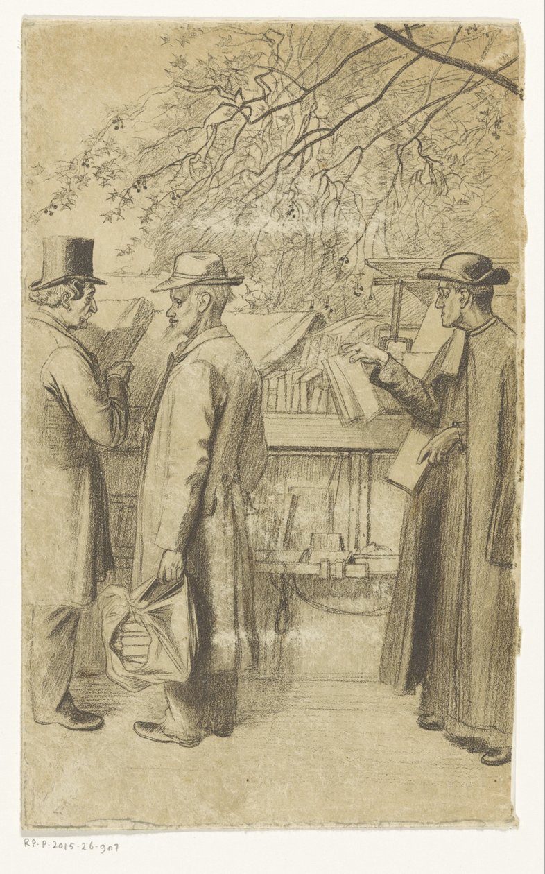 Personen voor een boekenkraam op een kade in Parijs door Oswald Heidbrinck