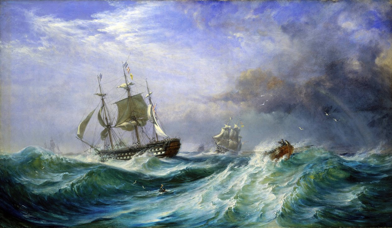 Een man op zee, hulp lancerend vanaf de HMS 