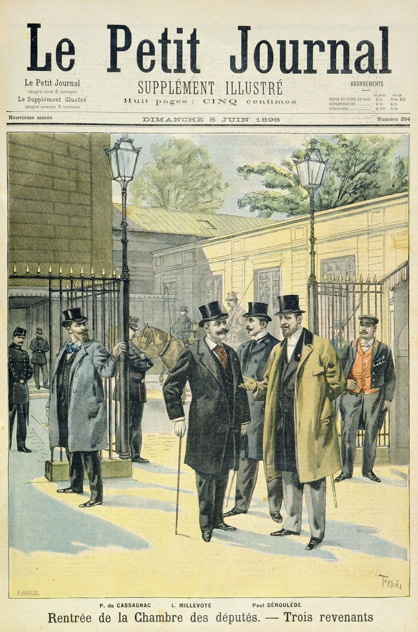 Titelpagina die de heropening van het Huis van Afgevaardigden afbeeldt met Paul Granier de Cassagnac, Lucien Millevoye en Paul Deroulede, illustratie uit de geïllustreerde bijlage van Le Petit Journal, 5 juli door Oswaldo Tofani