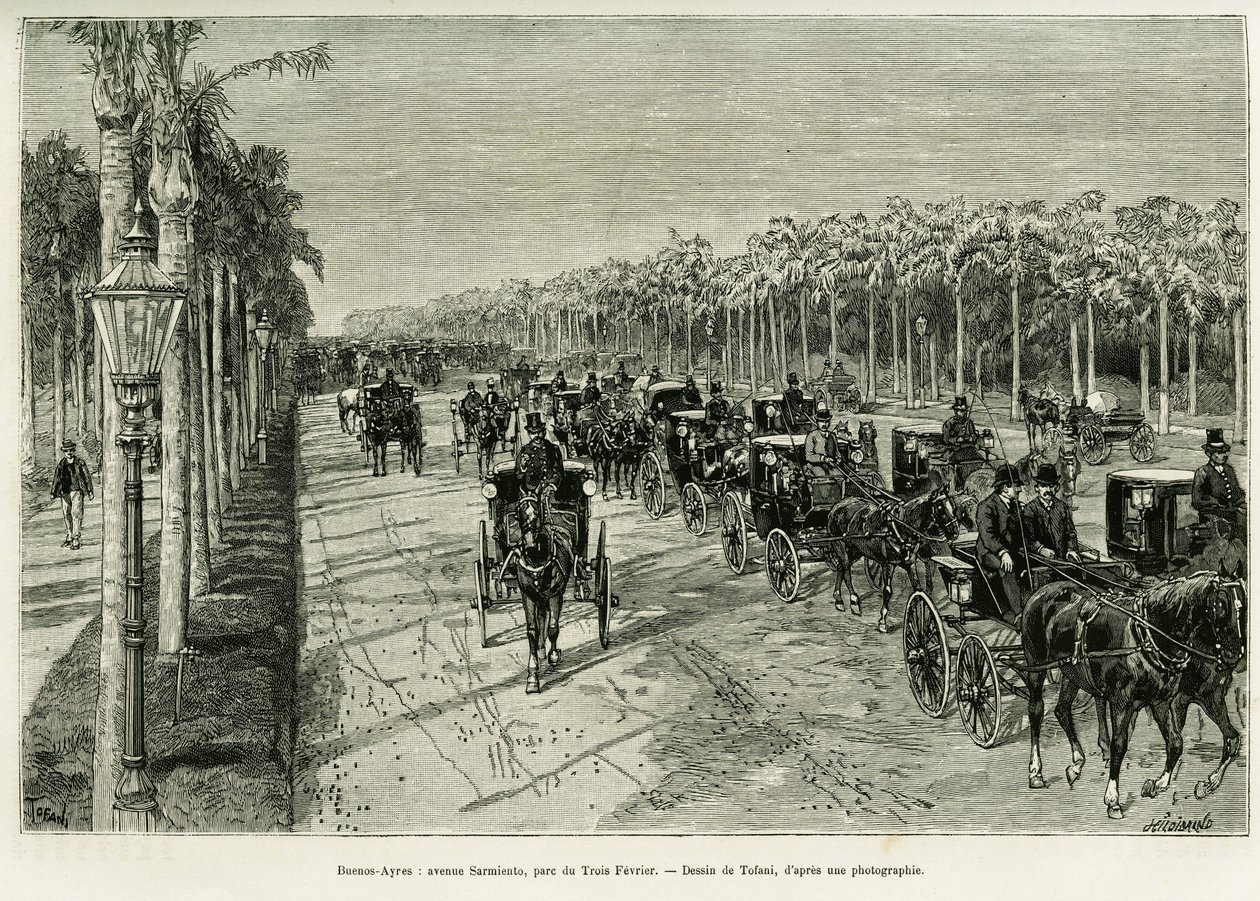 Buenos Aires, Sarmiento Avenue, Drie Februari Park. Gravure door Tofani, ter illustratie van het verhaal 