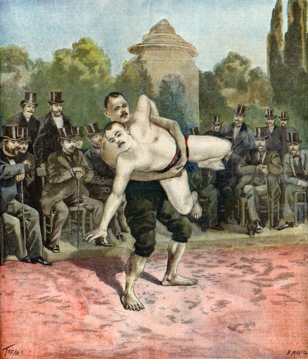 Demonstratie door worstelaars Pierri en Usouf Ismaillolo,1895 (Illustratie) door Oswaldo Tofani