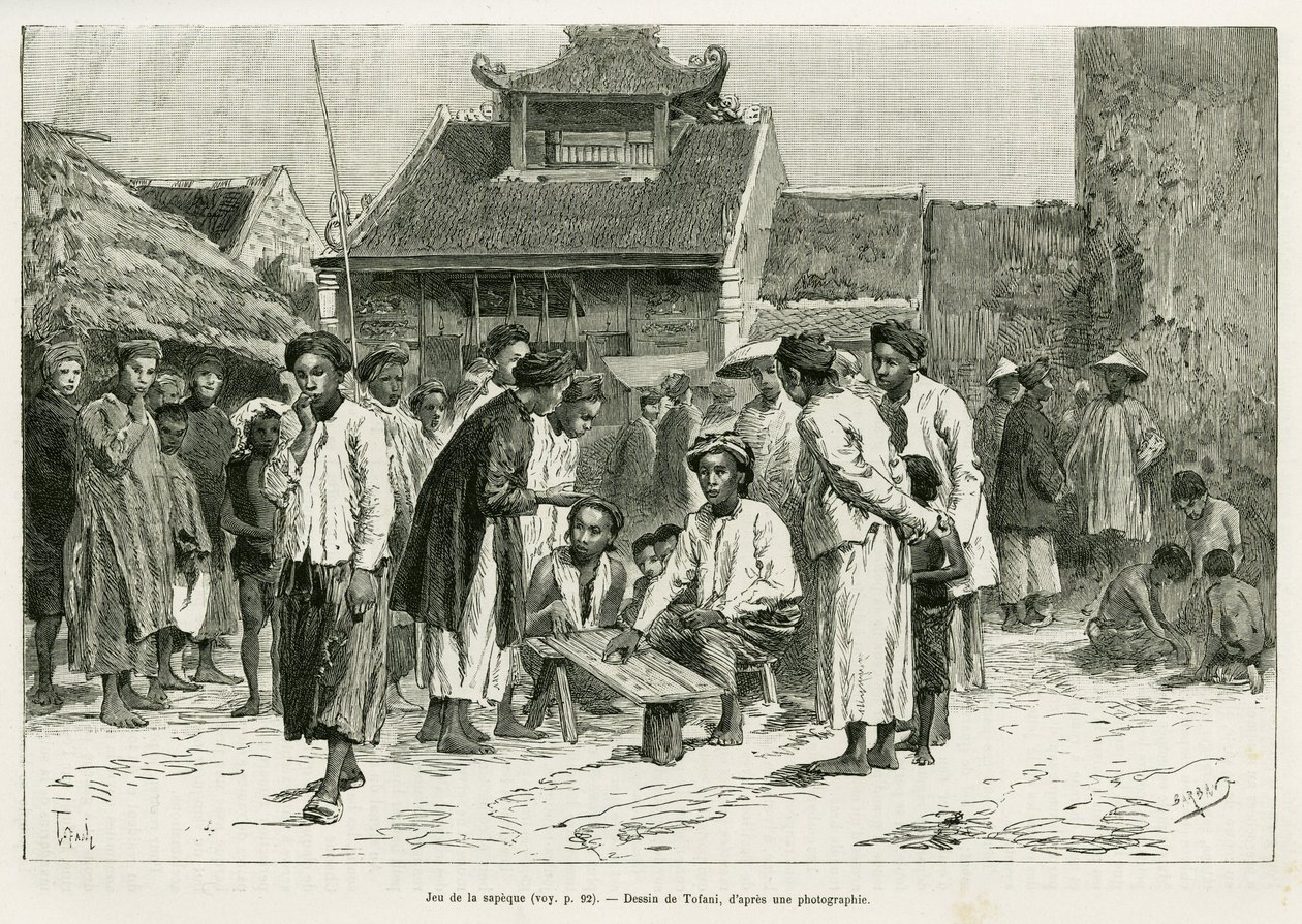 Spel van de sapeque. Gravure door Tofani, ter illustratie van het verhaal Trente mois au Tonkin, in 1884, door Dr Paul Hocquard, in le tour du monde 1890, onder leiding van Edouard Charton (1807-1890), Hachette, Parijs. door Oswaldo Tofani