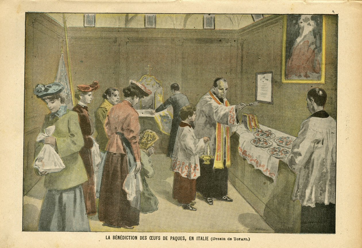 Illustratie door Oswaldo Tofani (1849-1915) in Le Pelerin, 03/04/04 - De zegen van paaseieren in Italië - Italië, Religie Geloof, Pasen, Katholiek Katholicisme - Ei door Oswaldo Tofani