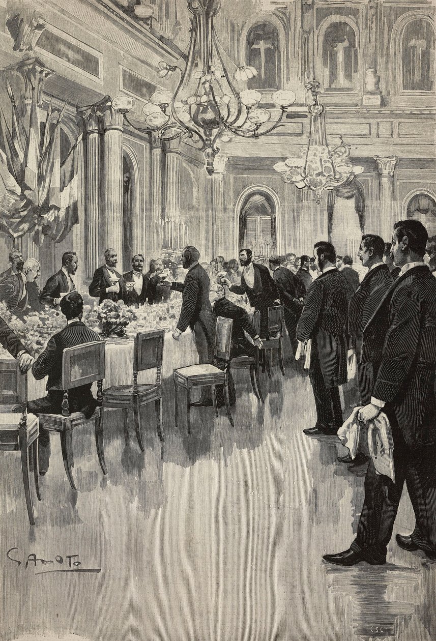 Italiaanse diplomaten proosten samen, Parijs, Frankrijk, gravure naar tekening van Gennaro Amato, naar schets van Osvaldo Tofani, uit L