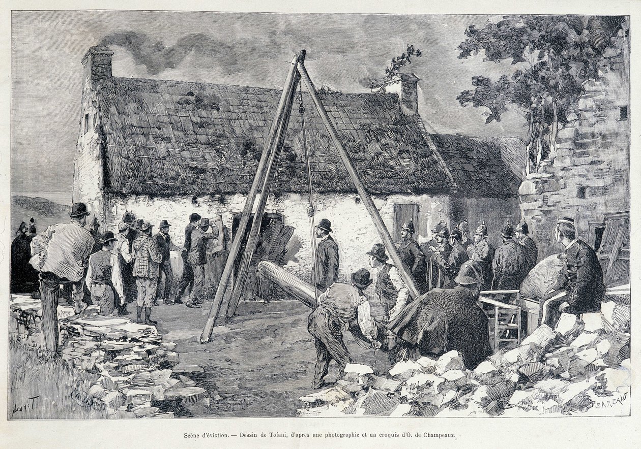Mannen rennen door een deur met behulp van een buikboom om de bewoner uit de woning te verdrijven. Tekening door Tofani naar een schets van O. de Champeaux (19e eeuw). door Oswaldo Tofani