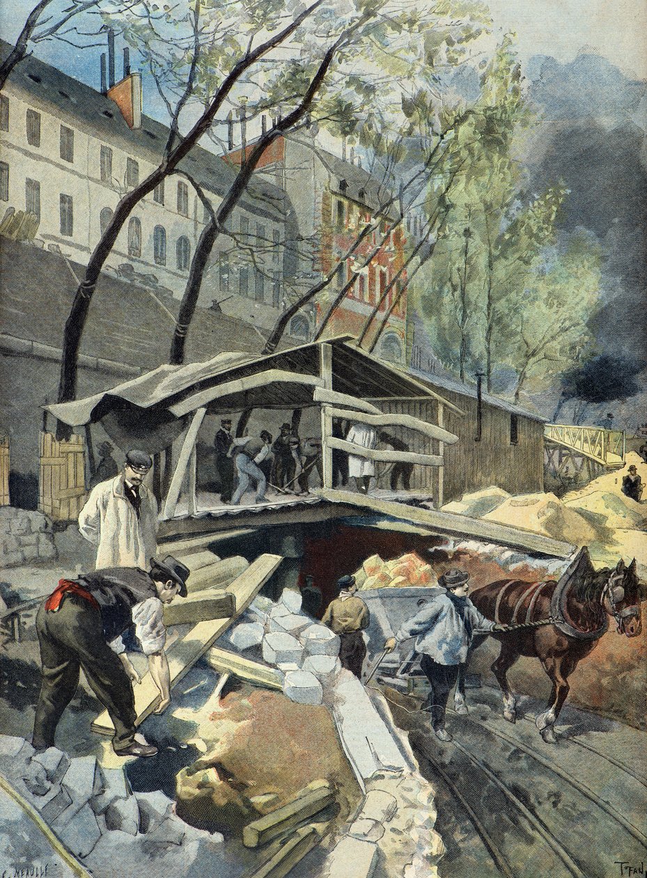 Metropolitain werken in Parijs in 1899 (Gravure) door Oswaldo Tofani