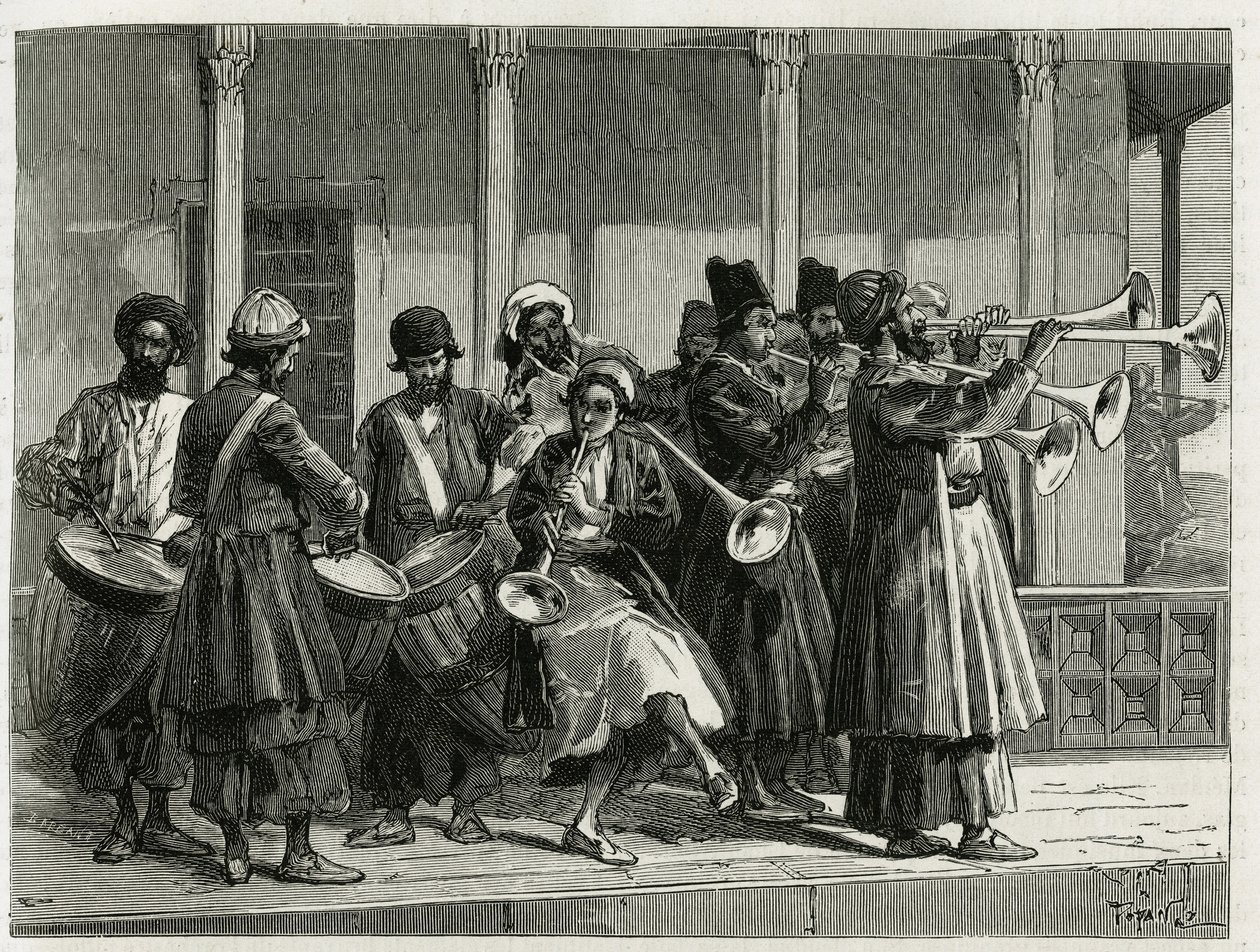 Muzikanten begroeten de zonsopgang in Isfahan (of Isfahan, stad in Iran). Gravure door Tofani, ter illustratie van het verhaal 