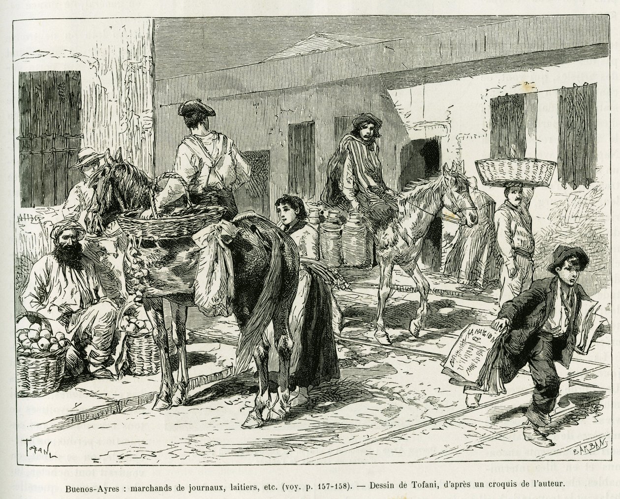 Kleine bedrijven, krantenverkopers, zuivel, fruitverkopers enz... in de straten van Buenos Aires (Argentinië). Gravure door Tofani ter illustratie van het verhaal Voyage a la Plata, drie maanden vakantie door Emile Blaireaux in 1886, in le tour du monde 18 door Oswaldo Tofani