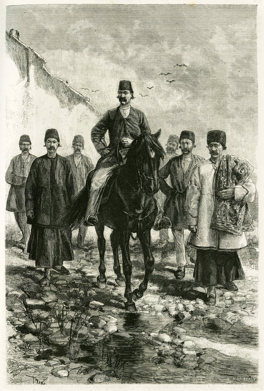 De gouverneur van Kachan (of Kashan, in de provincie Teheran, het huidige Iran) rijdt op een zwart paard en zijn gevolg is te voet. Gravure door Tofani, naar een foto, ter illustratie van het verhaal 