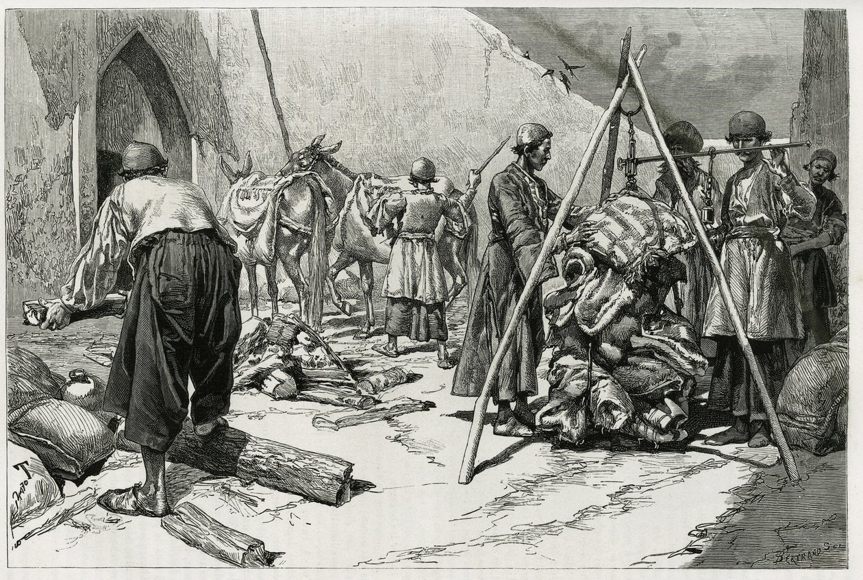 Het wegen van de bagage voor vertrek van de Delafoy Bruiloft Expeditie. Gravure door Tofani, ter illustratie van het verhaal 