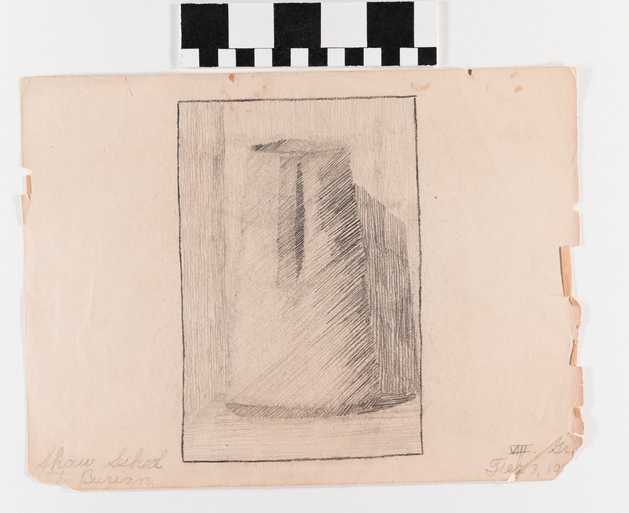 Potloodtekening op papier van een kan met rechthoekige rand rond de tekening door Otto Burian
