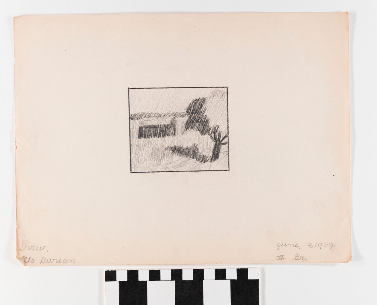 Kleine, vierkante schets van gebouw in een veld op groot papier door Otto Burian