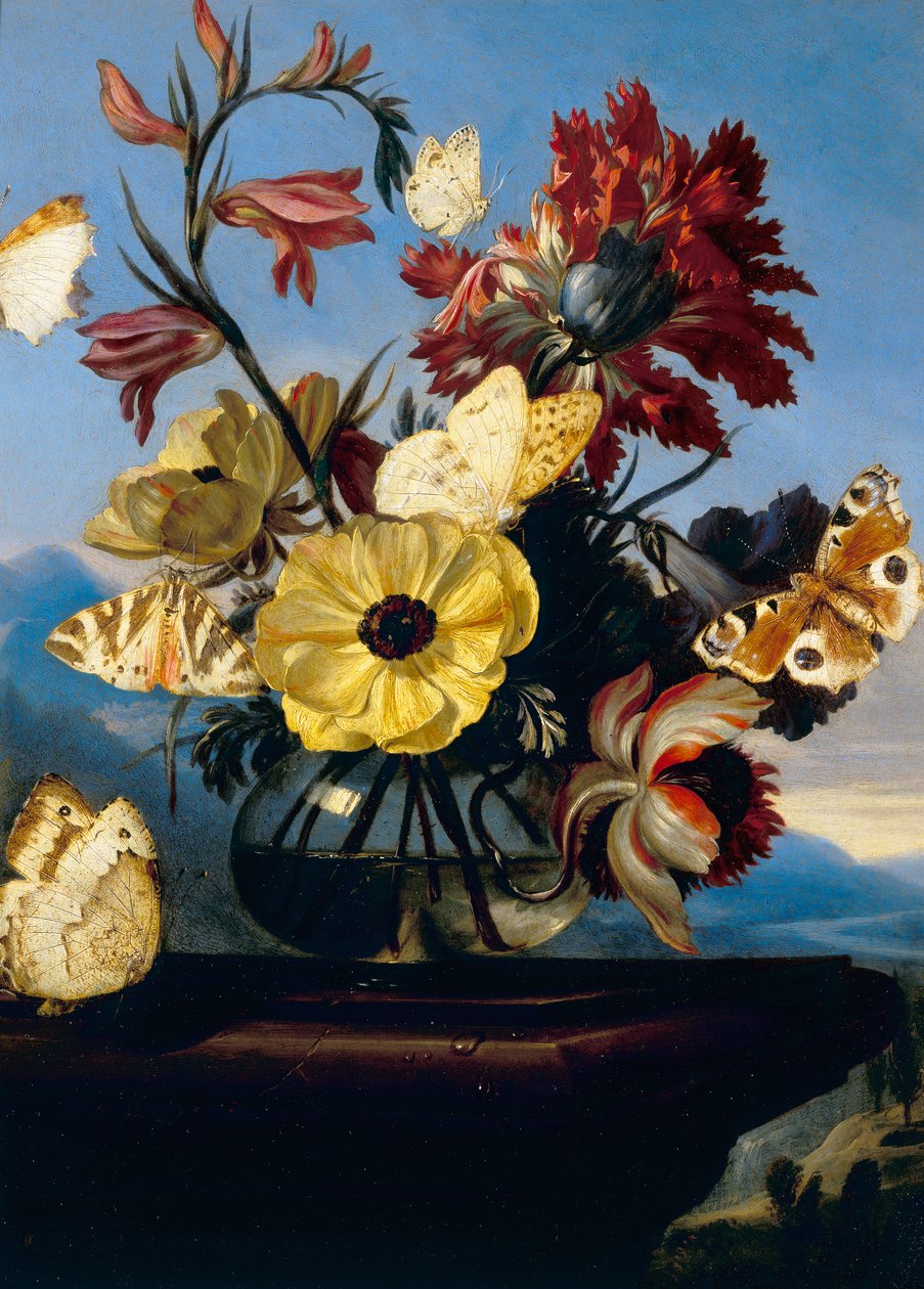 Vaas met bloemen en een vlinder door Otto Marseus  van Schrieck