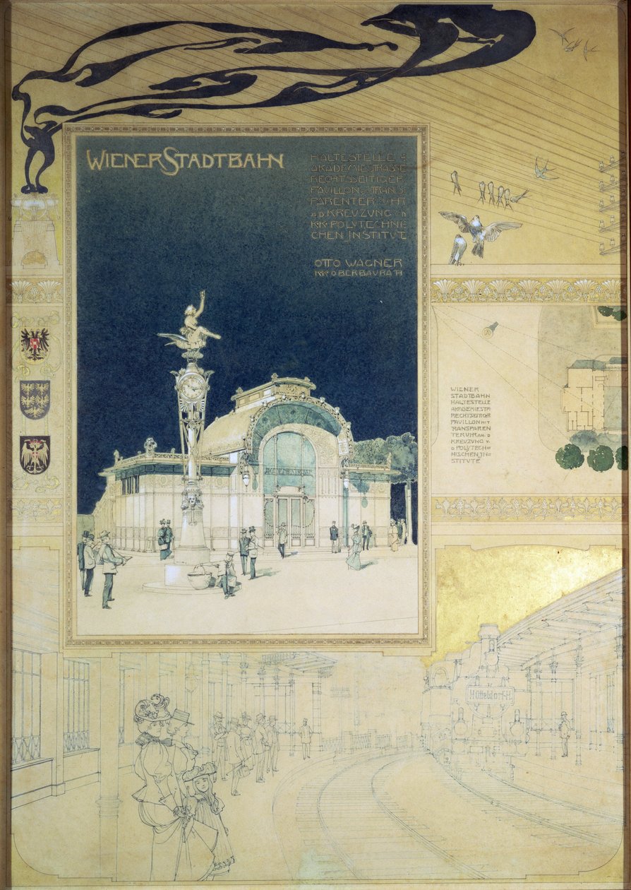 Het Stadtbahn Paviljoen van de Weense Ondergrondse Spoorweg, ontwerp toont de buitenkant en een uitzicht op het perron, ca.1894-97 door Otto Wagner
