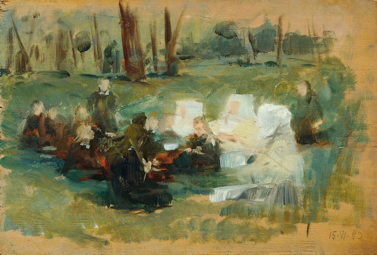 Kindergroep met drie witgeklede nonnen en een geestelijke op een bosweide in de zon door Otto Friedrich