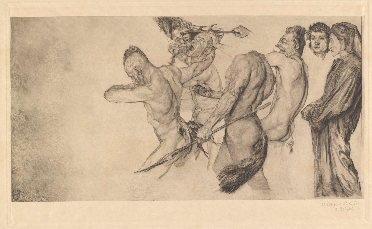 Dante en Vergilius bezoeken de hel (Inferno Canto 22) door Otto Greiner