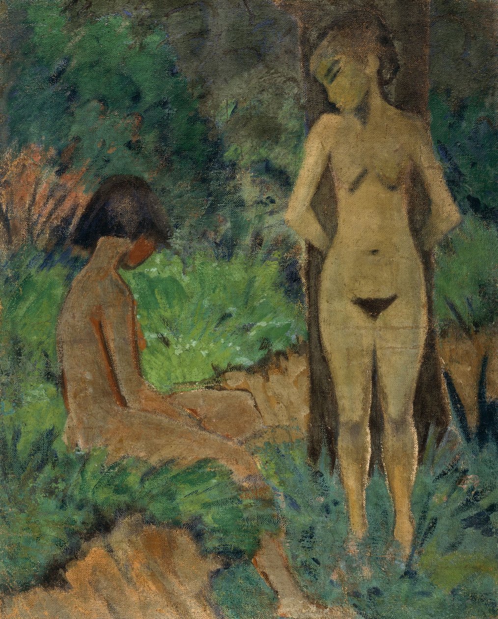 Badgasten onder bomen, c.1925 (lijmverf op doek) door Otto Muller or Mueller