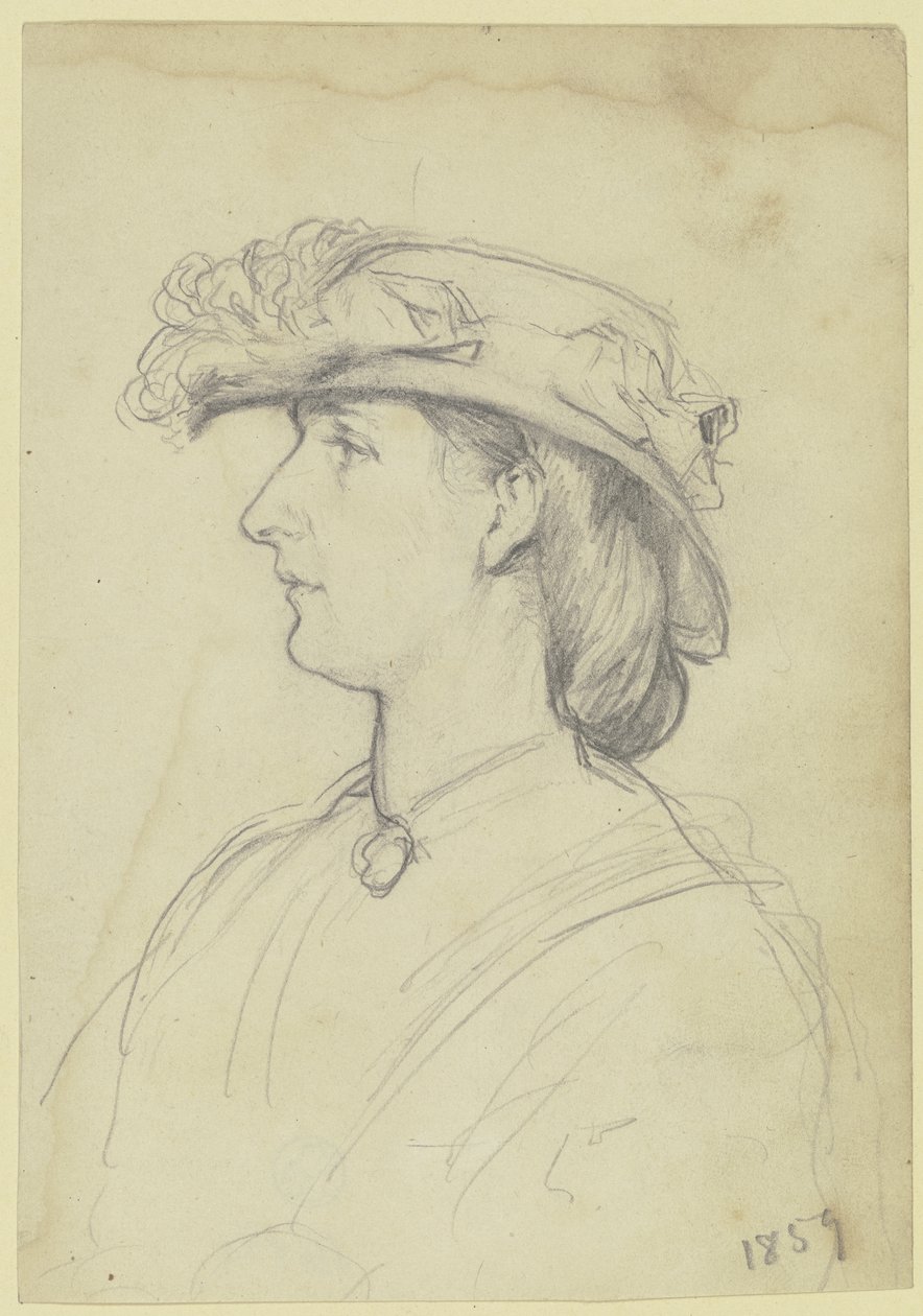 Portret van een dame met hoed, in profiel naar links door Otto Scholderer